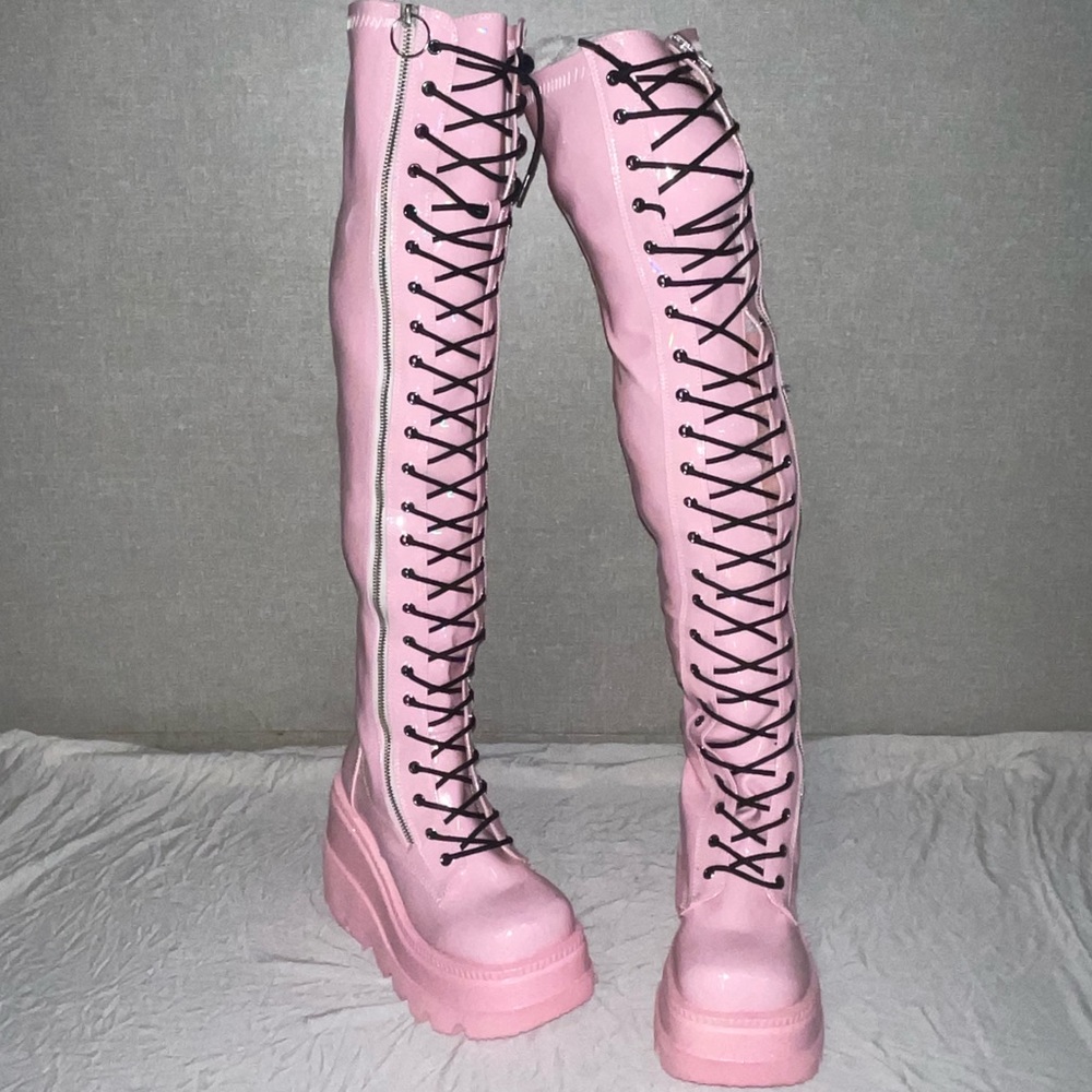 Demonia Pink Holographic Thigh High Platform Boot